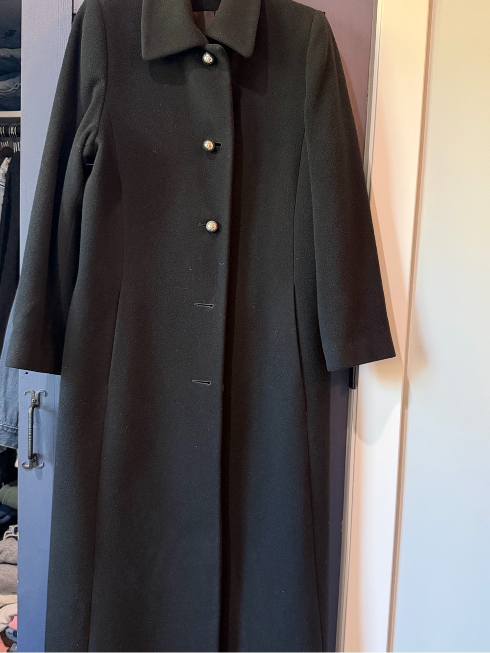 Classic Long Black Wool Coat with Pearl Buttons
